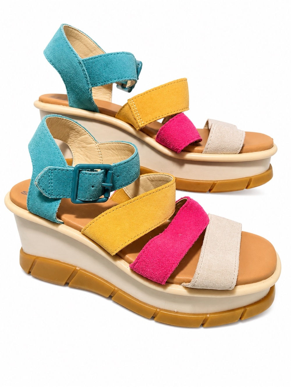 Sorel Colorblock Suede platform Sandal in Teal, Yellow, Pink, Cream